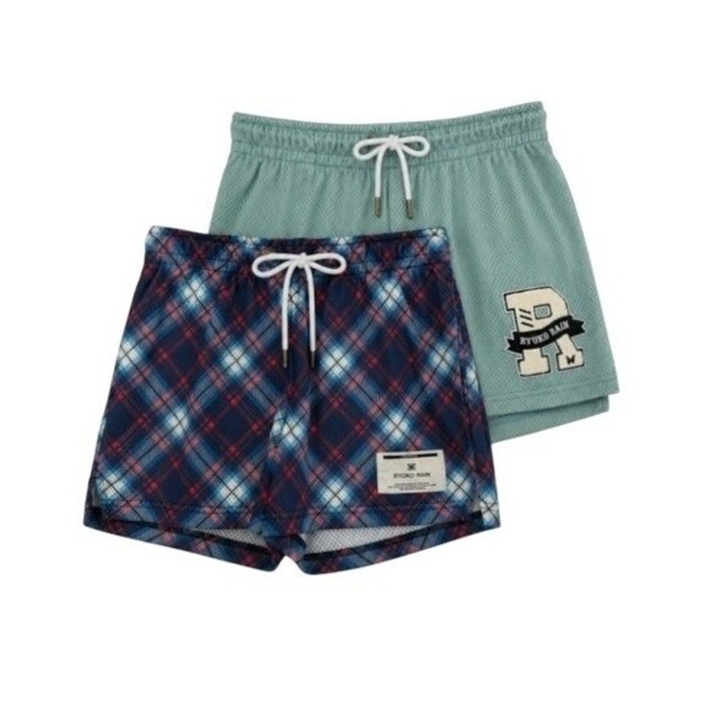Ryoko Rain Women's S 2 Pack Blue Plaid Sage Green Mesh‎ Athletic Shorts